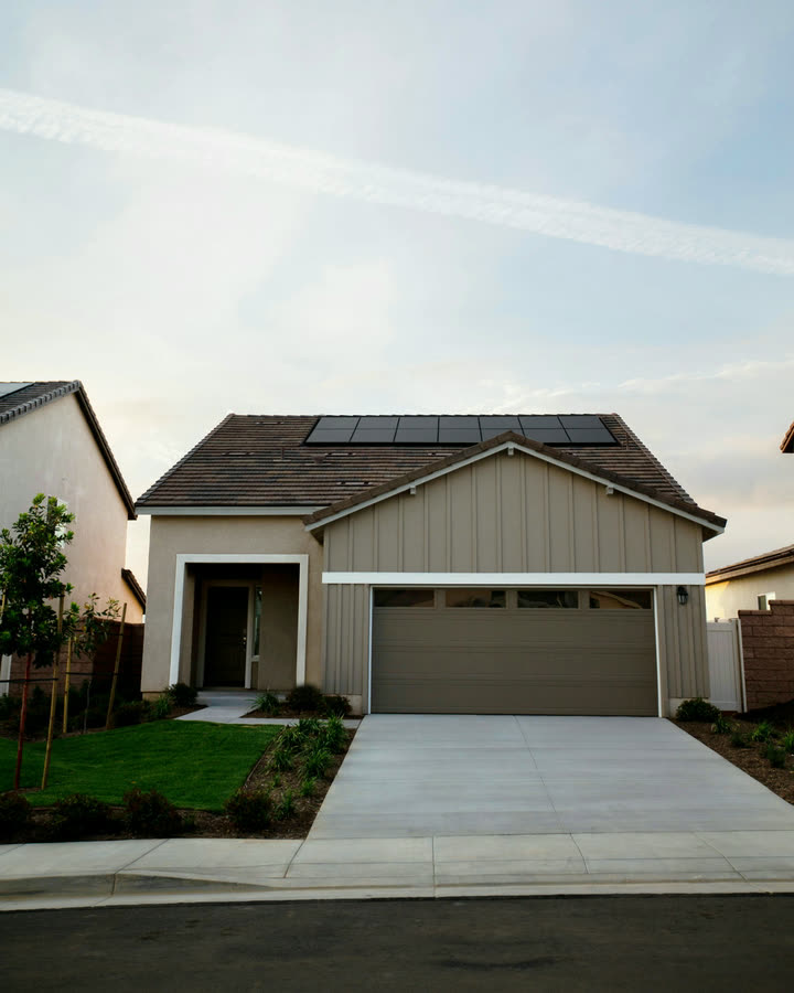 Una casa de un piso en California con paneles solares en el techo, vista desde la calle